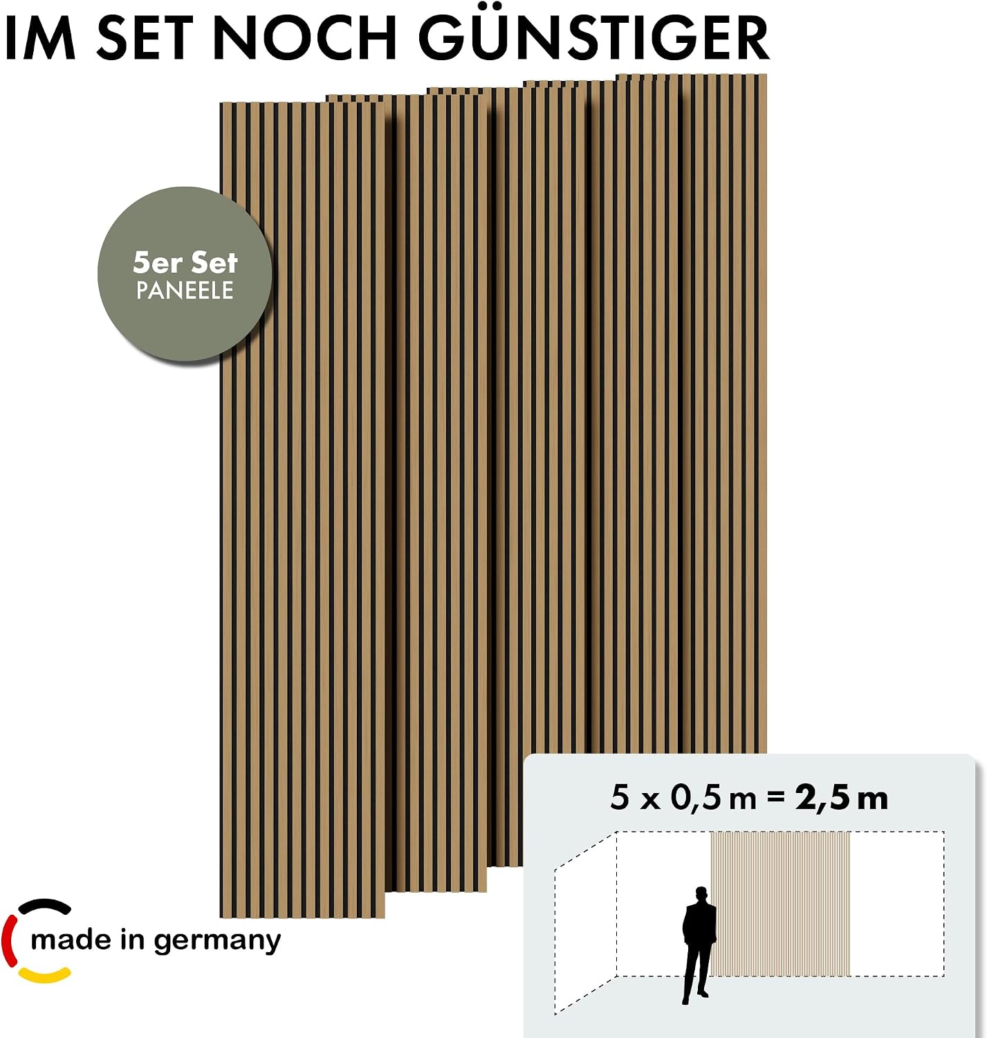 5 Stück Akustikpaneele Holz 240x50 cm - Eiche Geölt Dekor - Wandverkleidung als 3D Lamellenwand für effektiven Schallschutz - Holzpaneele