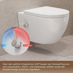 Toilette mit Bidet-Funktion, spülrandlos, Nano-Beschichtung, WC-Dusche mit Armatur, Absenkautomatik, Kalt-Warm Wasser, Hänge-WC, 49x36x36 cm
