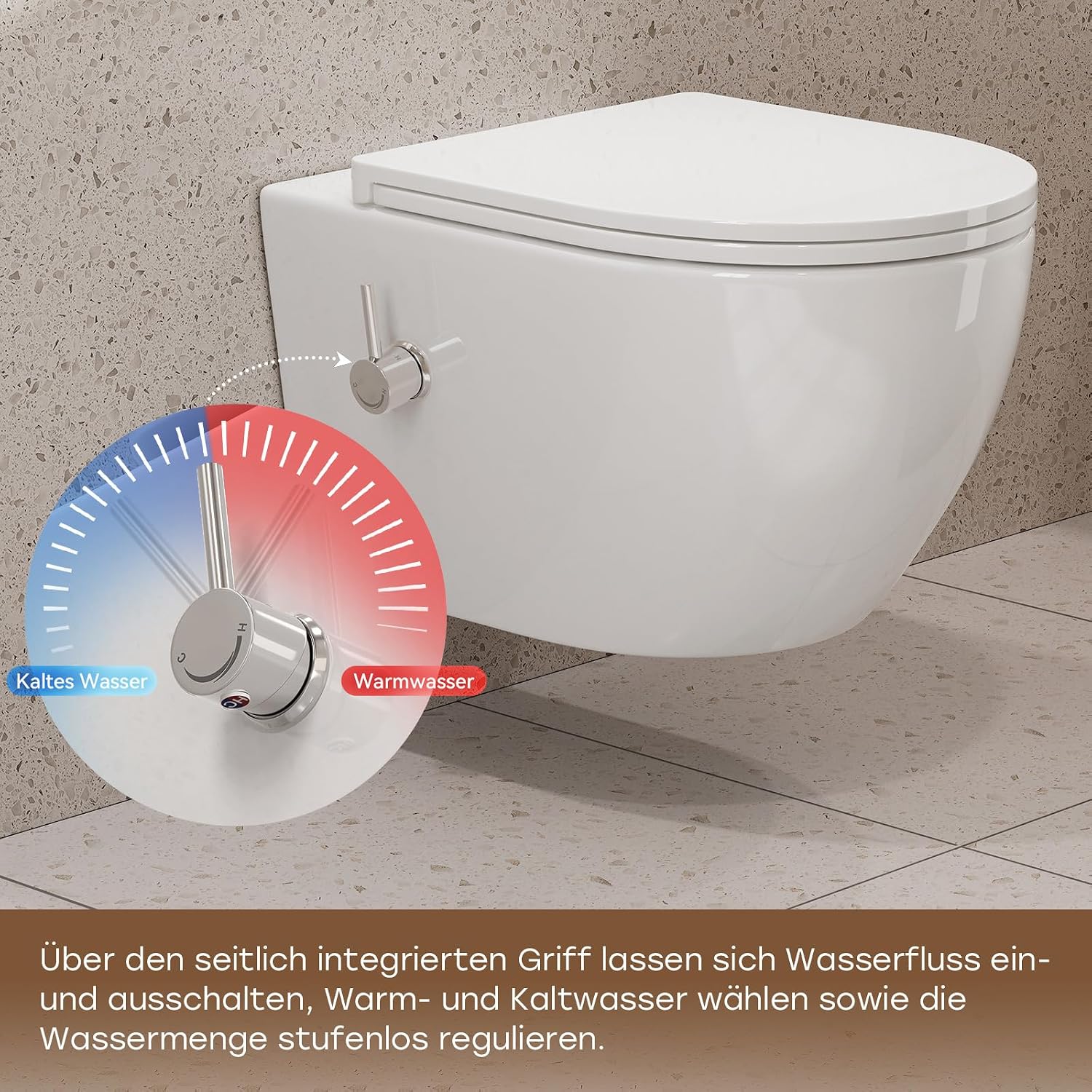 Toilette mit Bidet-Funktion, spülrandlos, Nano-Beschichtung, WC-Dusche mit Armatur, Absenkautomatik, Kalt-Warm Wasser, Hänge-WC, 49x36x36 cm