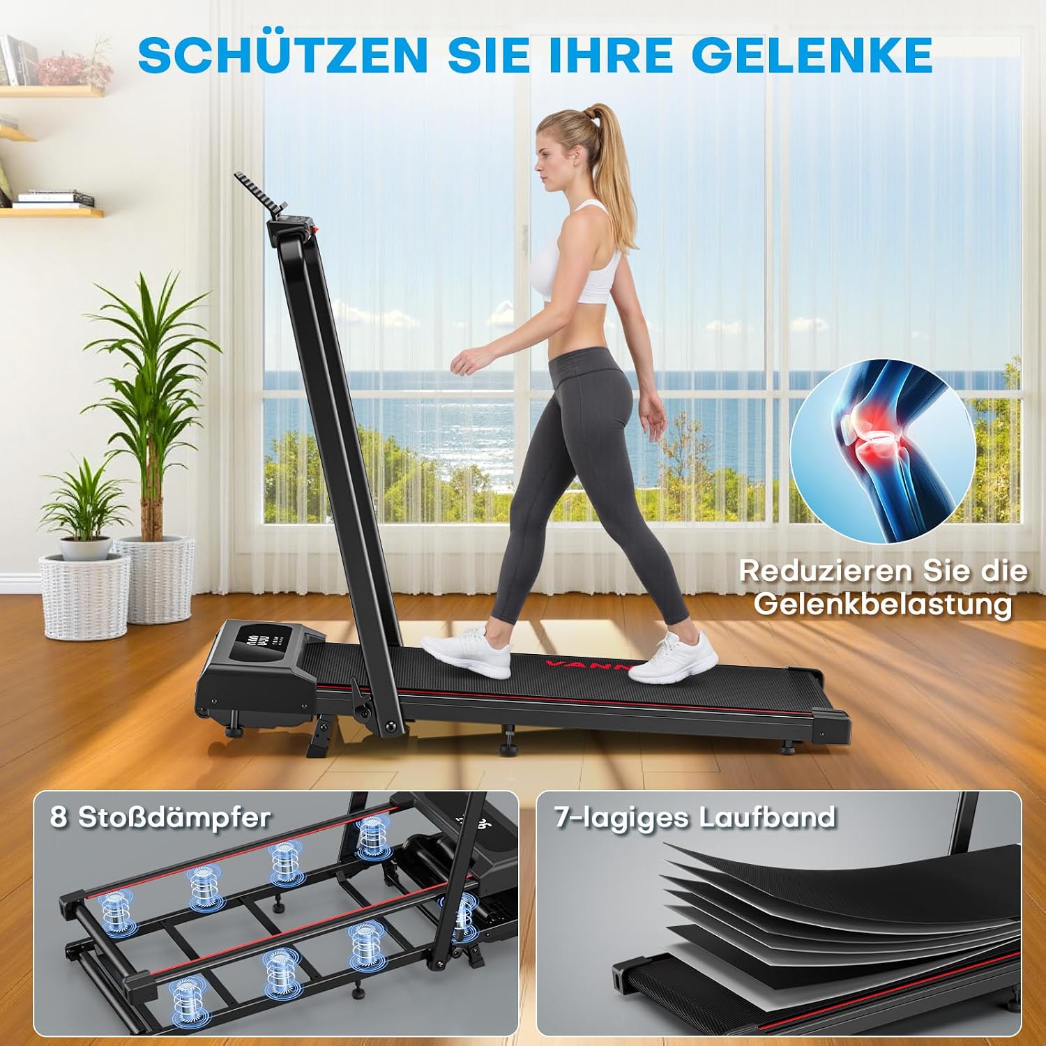 Laufband für Zuhause, Walking Pad, 1-12 km/h, klappbar, 9% Steigung, leise, LCD, Fernbedienung + App + Handlauf-Tasten, 150 kg