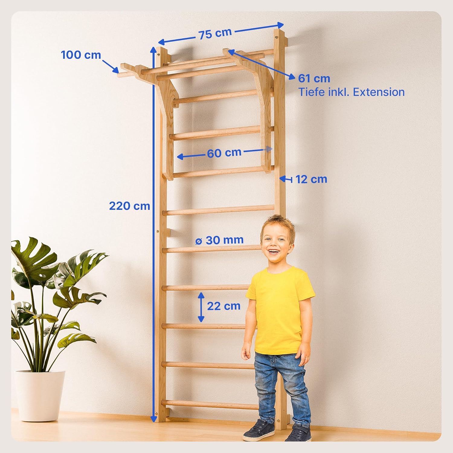 Sprossenwand für Erwachsene und Kinder mit Klimmzugstange & Dip Extension - Kletterwand fürs Kinderzimmer
