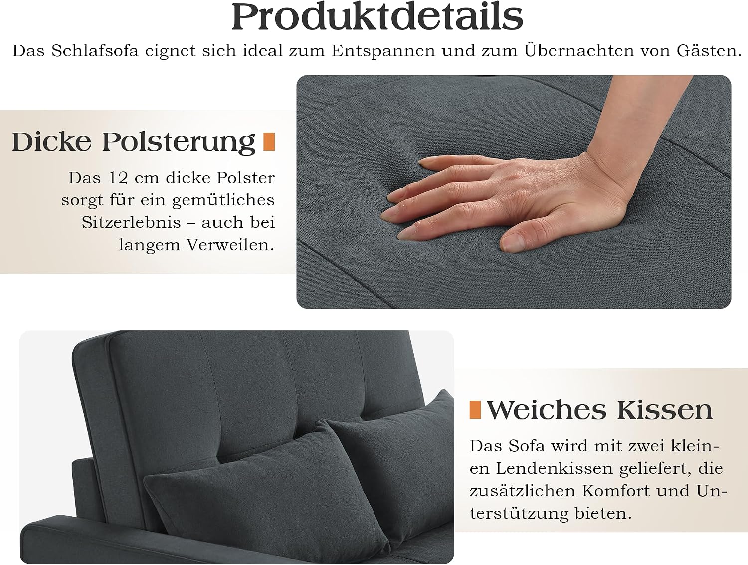 Schlafsofa 186x122cm mit 5-stufig verstellbarer Rückenlehne, 3-in-1 Schlafcouch mit Kissen & Seitentasche, graues Leinen für Gästezimmer & kleine Räume