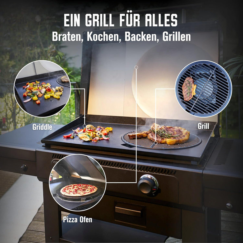Griddle-Gasgrill Plancha Versa-Tile - 3-in-1 System: Griddle, Grill & Pizzaofen, 2-Zonen
