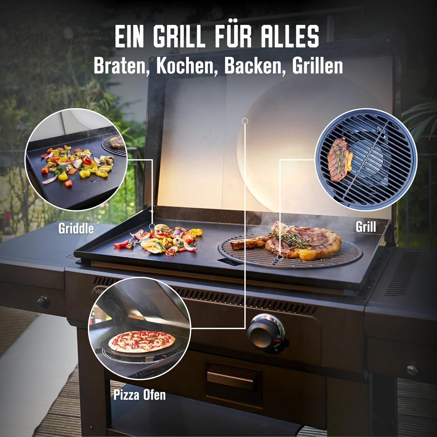 Griddle-Gasgrill Plancha Versa-Tile - 3-in-1 System: Griddle, Grill & Pizzaofen, 2-Zonen