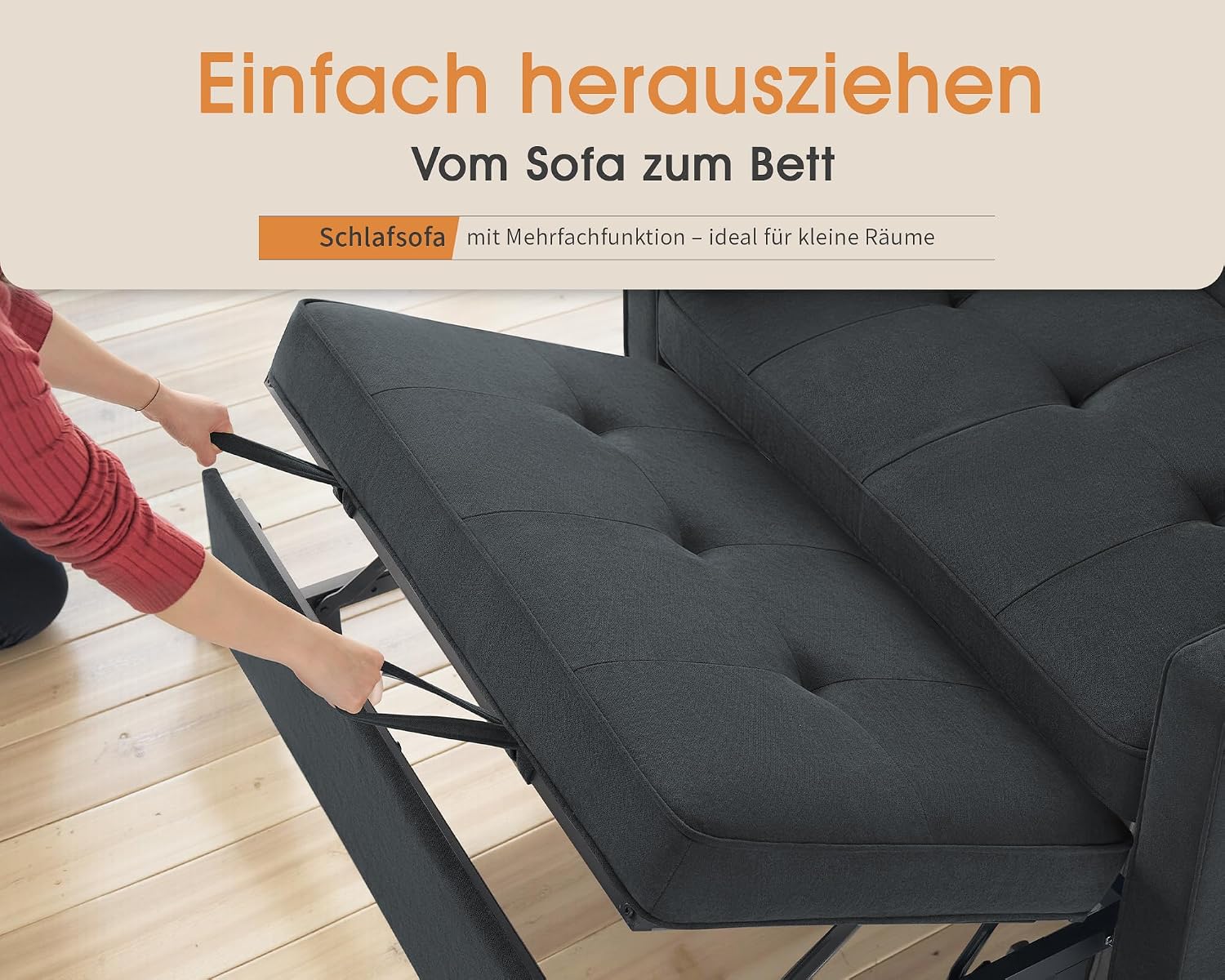 Schlafsofa 186x122cm mit 5-stufig verstellbarer Rückenlehne, 3-in-1 Schlafcouch mit Kissen & Seitentasche, graues Leinen für Gästezimmer & kleine Räume