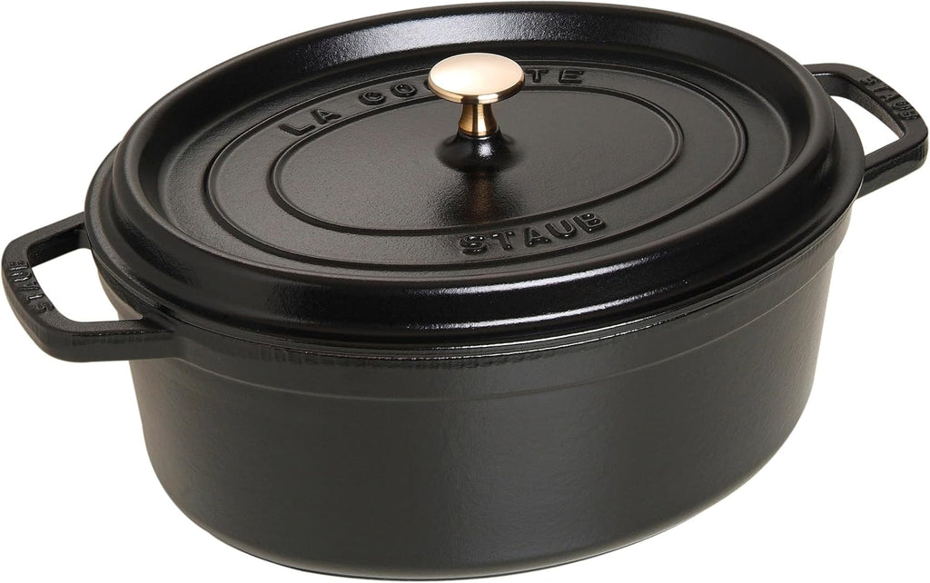 Cocotte, Gusseisen Bräter mit Deckel, 33 cm, 6,7 L, Oval, Alle Herdarten inkl Induktion, Schwarz