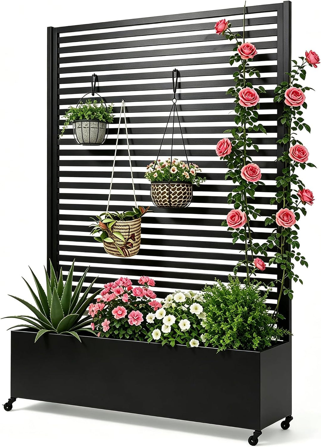 Metall Pflanzkasten mit Spalier, Hochbeet auf Rädern, freistehender Sichtschutz für Blumen und Gemüse, Garten, Terrasse, Balkon