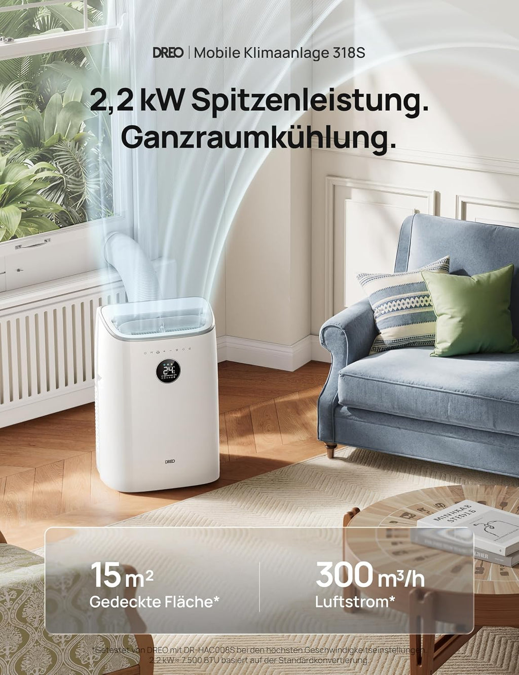 Mobiles Klimagerät 7.500 BTU, 3-in-1 (Kühlen/Vent./Entf.), App + Sprachst., drainagefrei, Fenster-Set, 2,5 L/h, für Schlafz./Büro, AC318S