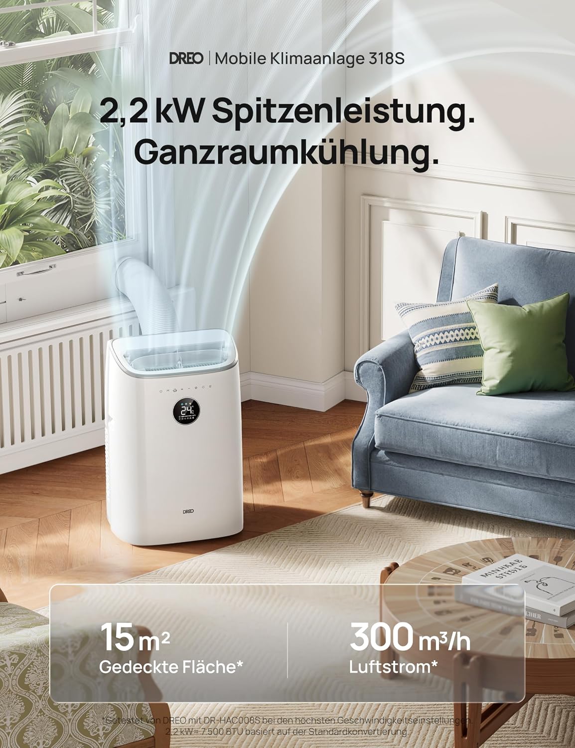 Mobiles Klimagerät 7.500 BTU, 3-in-1 (Kühlen/Vent./Entf.), App + Sprachst., drainagefrei, Fenster-Set, 2,5 L/h, für Schlafz./Büro, AC318S
