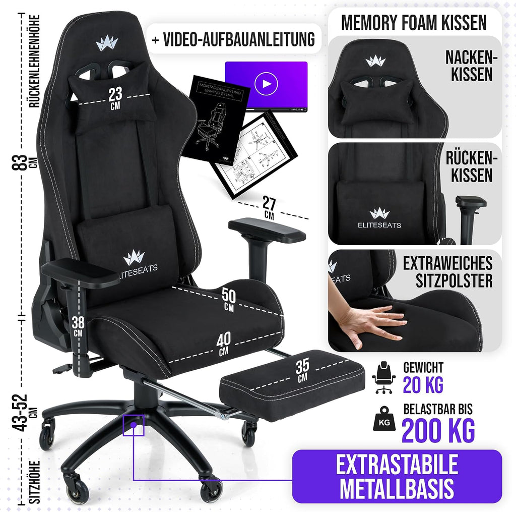 Gaming Stuhl Ergonomisch Kratzerfreie Rollen Atmungsaktiv, 4D-Armlehnen, mit Fußstütze, Stoff, 150 kg Belastbarkeit