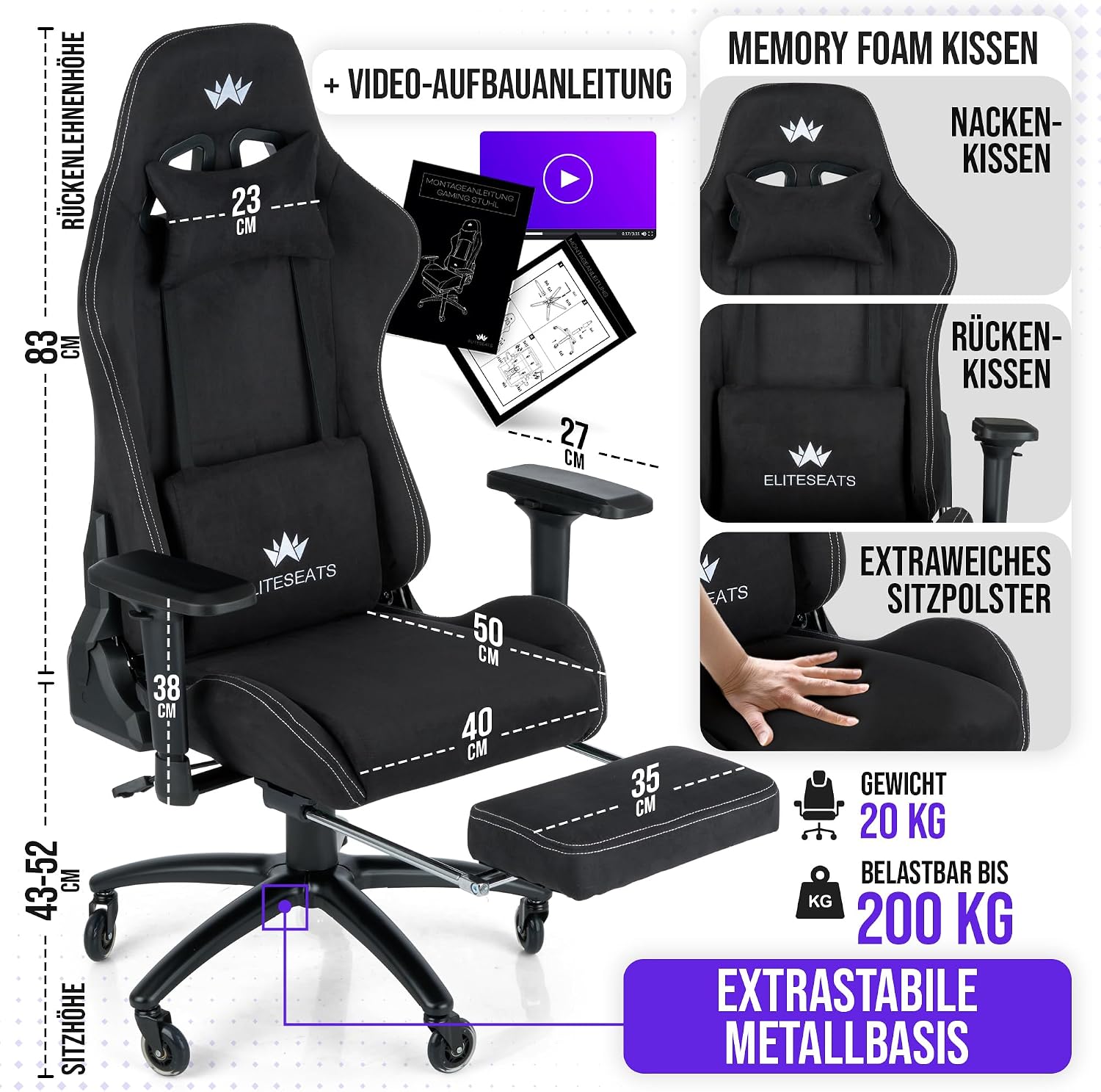 Gaming Stuhl Ergonomisch Kratzerfreie Rollen Atmungsaktiv, 4D-Armlehnen, mit Fußstütze, Stoff, 150 kg Belastbarkeit