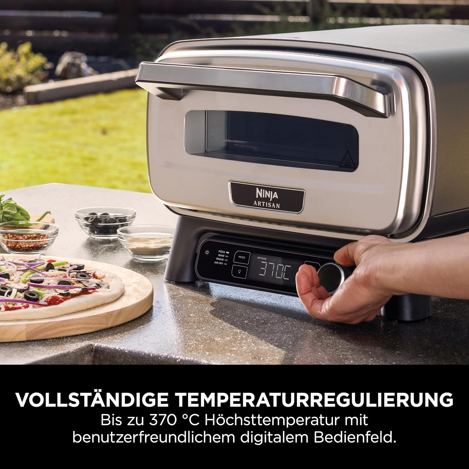 Artisan Outdoor-Pizzaofen + Heißluftfritteuse, 4 Funktionen (Pizza/Air Fry/Bake/Prove), 5 Pizza-Modi, 30cm Pizzastein + Zubehör, grau, MO201EU