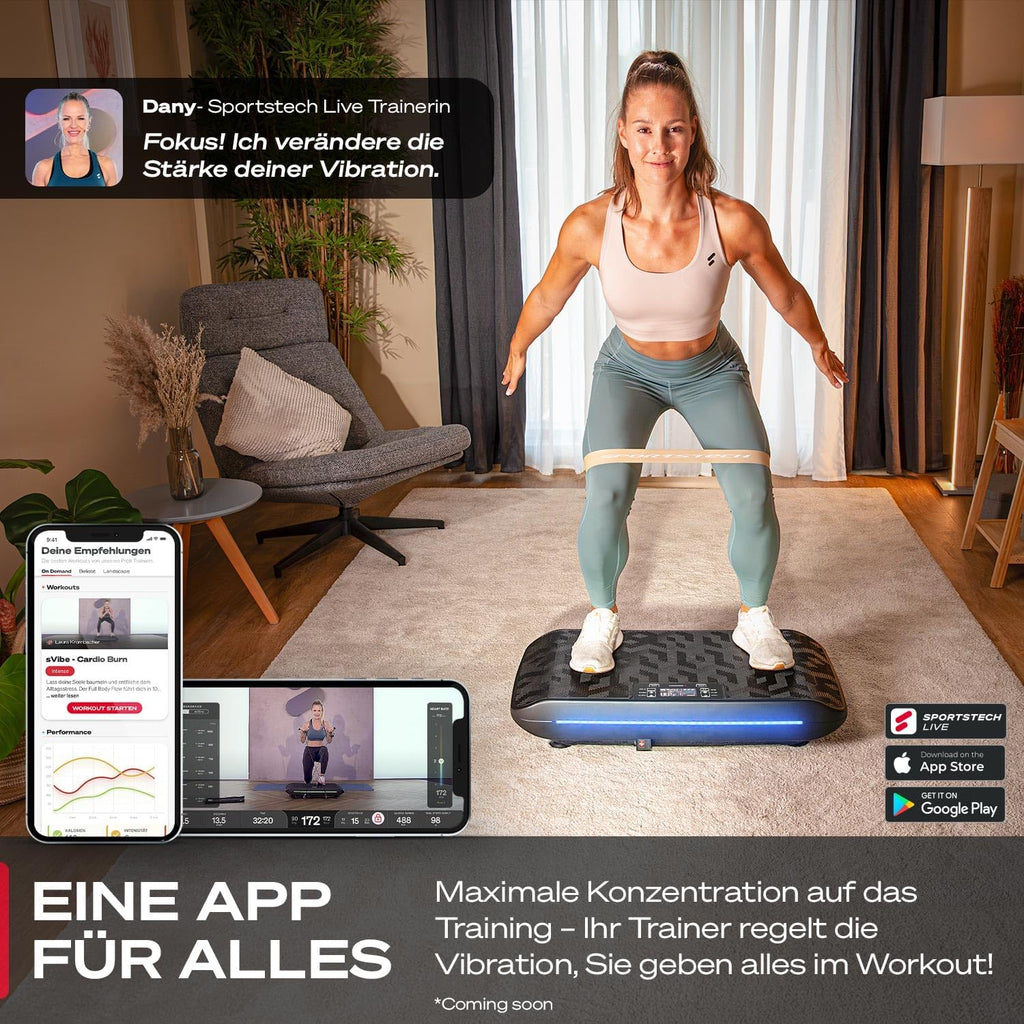 4D Vibrationsplatte, VP400 + sVibe, Smart LED, Bänder + Ropes, Abnehmen, Ganzkörper, Muskelaufbau, 120 kg, Fitness