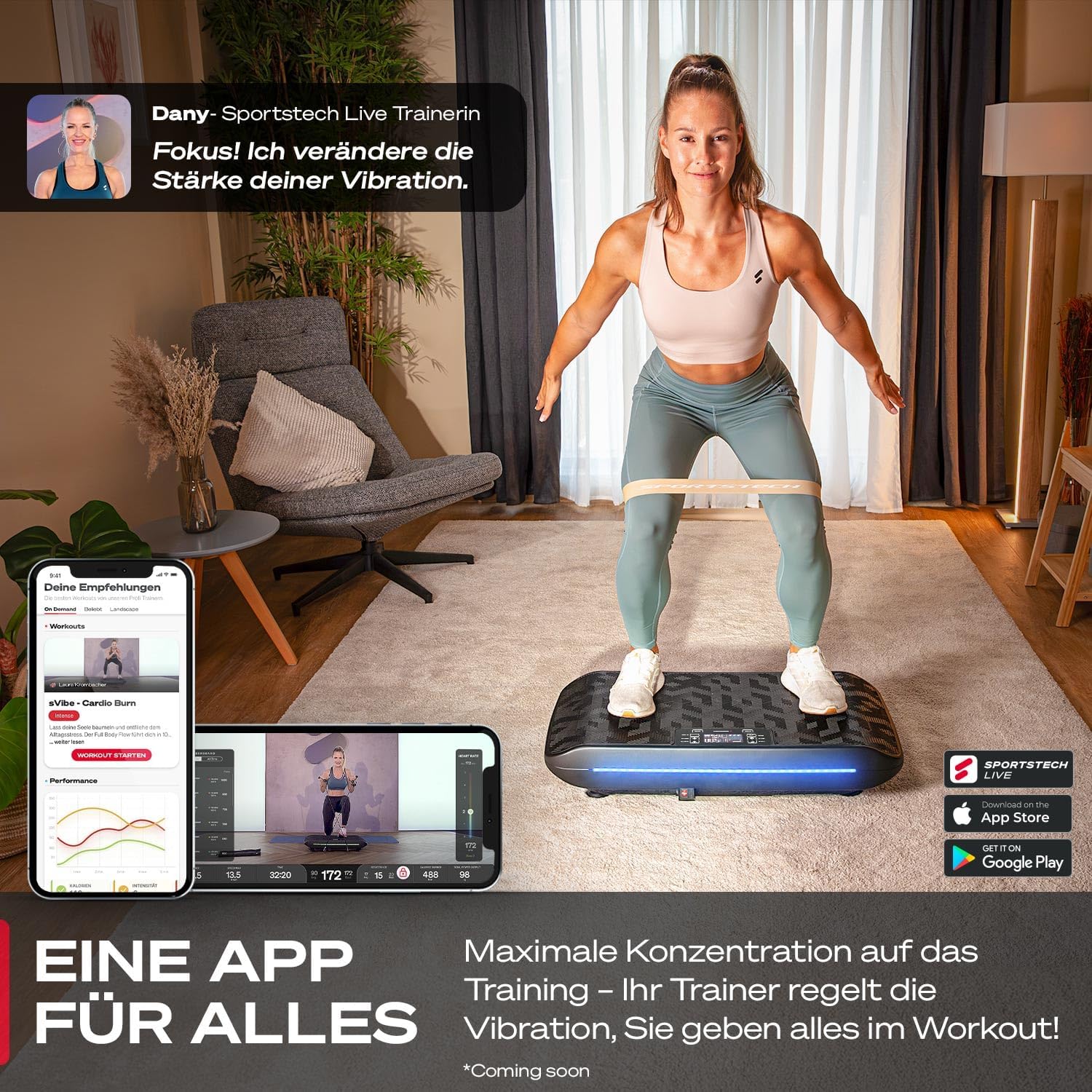 4D Vibrationsplatte, VP400 + sVibe, Smart LED, Bänder + Ropes, Abnehmen, Ganzkörper, Muskelaufbau, 120 kg, Fitness