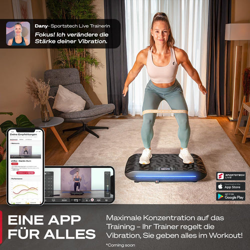 4D Vibrationsplatte, VP400 + sVibe, Smart LED, Bänder + Ropes, Abnehmen, Ganzkörper, Muskelaufbau, 120 kg, Fitness