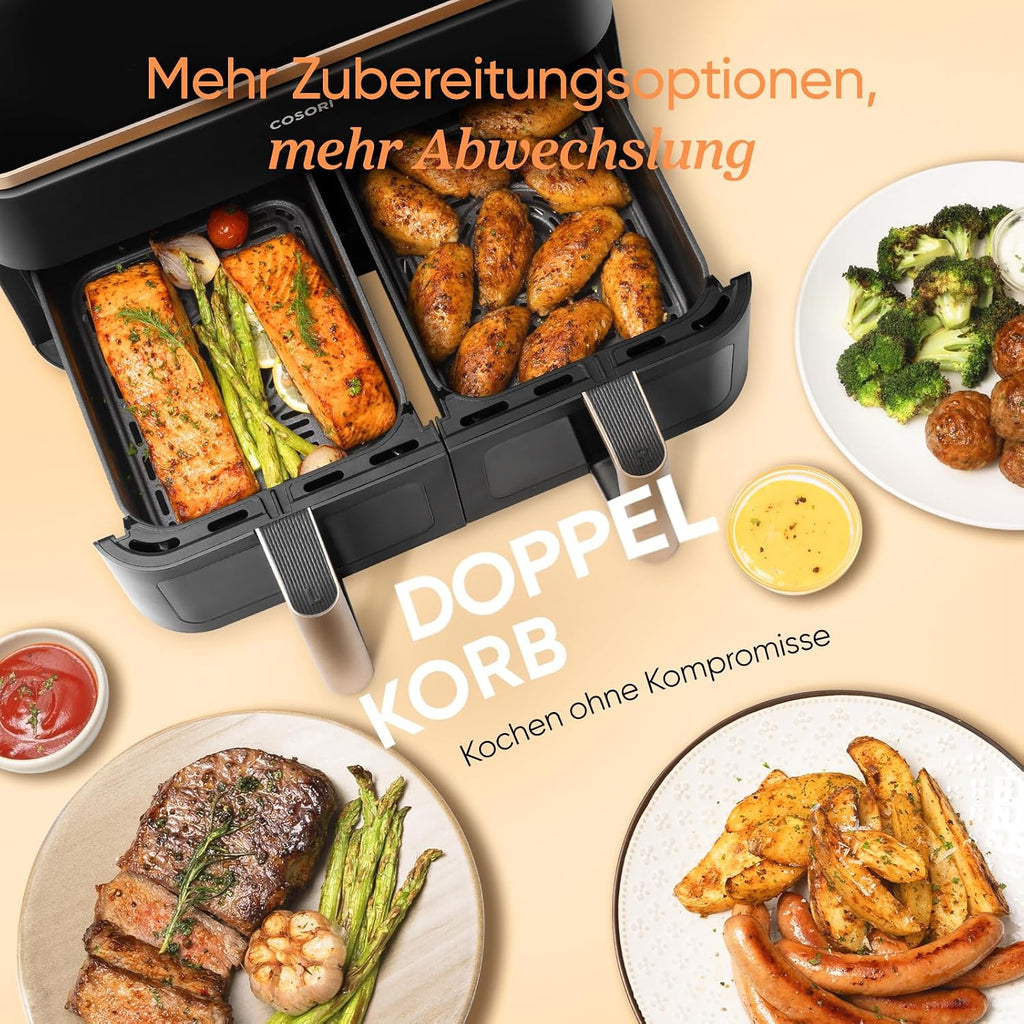 Heißluftfritteuse 8,5L 2 Kammern mit Sichtfenster, Testsieger Stiftung Warentest, NTC-Tech für präzise Temperaturkontrolle, Gold, R903