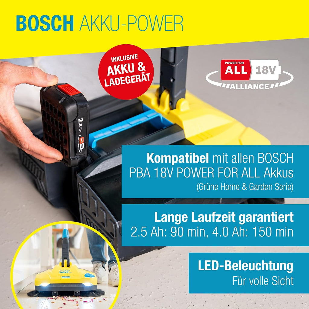 Akku-Kehrmaschine EasySweep 18V inkl. 18V Akku, 40 cm Arbeitsbreite, 4,5 L Behälter - für Indoor & Outdoor, Einfahrt, Gehweg, Terrasse, Garage & Laub
