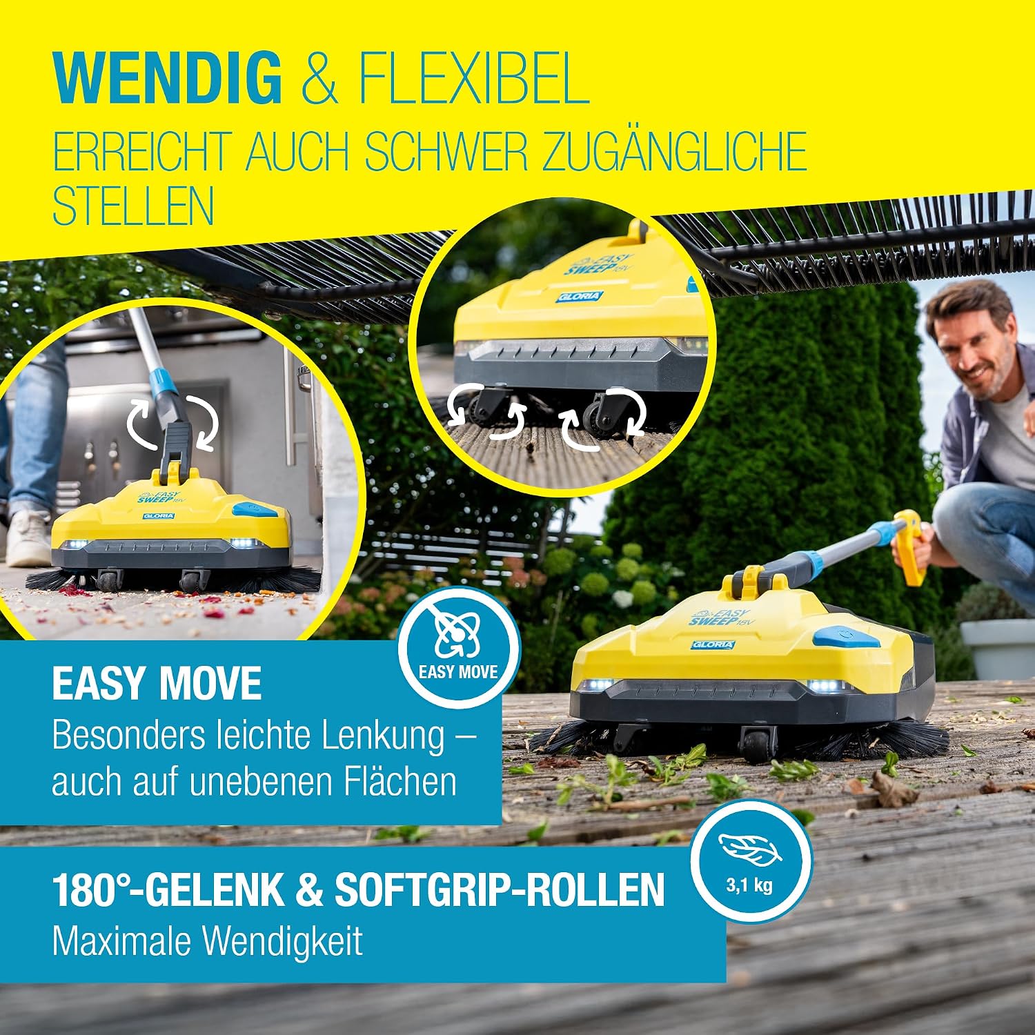 Akku-Kehrmaschine EasySweep 18V inkl. 18V Akku, 40 cm Arbeitsbreite, 4,5 L Behälter - für Indoor & Outdoor, Einfahrt, Gehweg, Terrasse, Garage & Laub