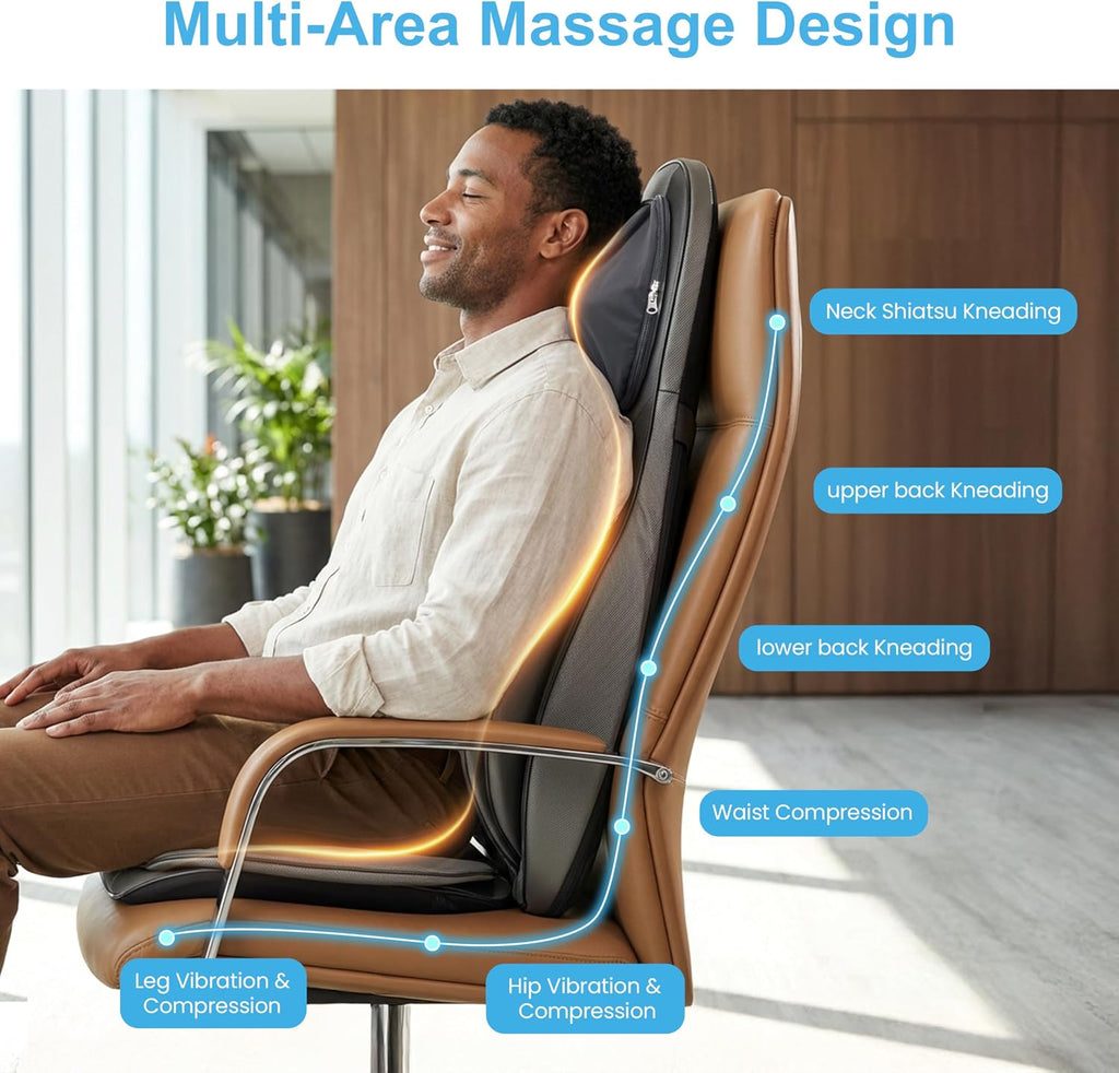 Shiatsu Rücken-Nacken Massagesitzauflage mit Wärme, 2D/3D-Knet, volle Rückenlehne & einstellbare Luftkompresse, Ganzkörpermassage für Damen, Herren