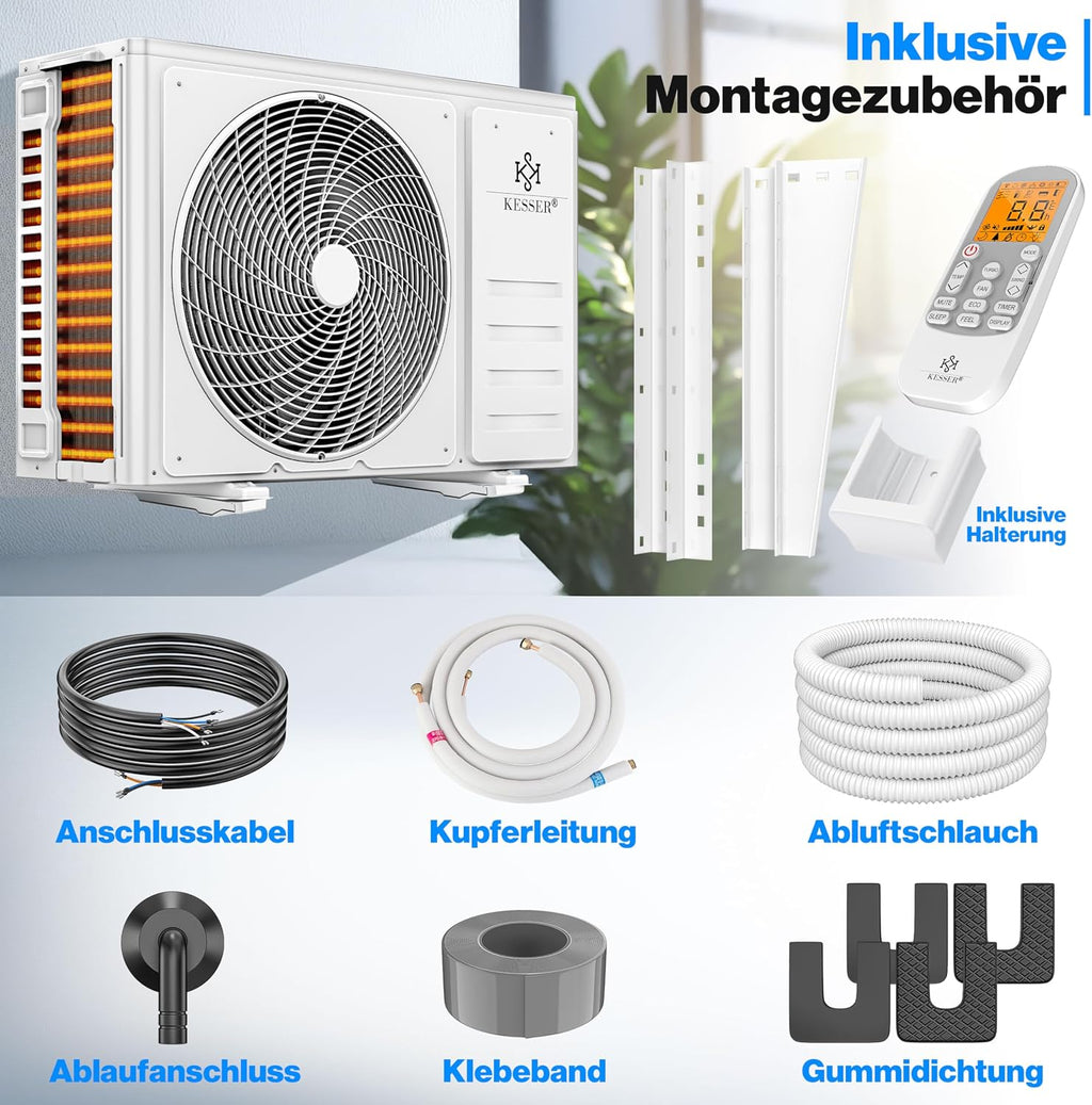 Klimaanlage Set Split, WiFi/App, Kühlen A++/Heizen A+, 18000 BTU/h (5300W), sehr leise, R32, Fernbedienung, Timer, Montagematerial, Weiß