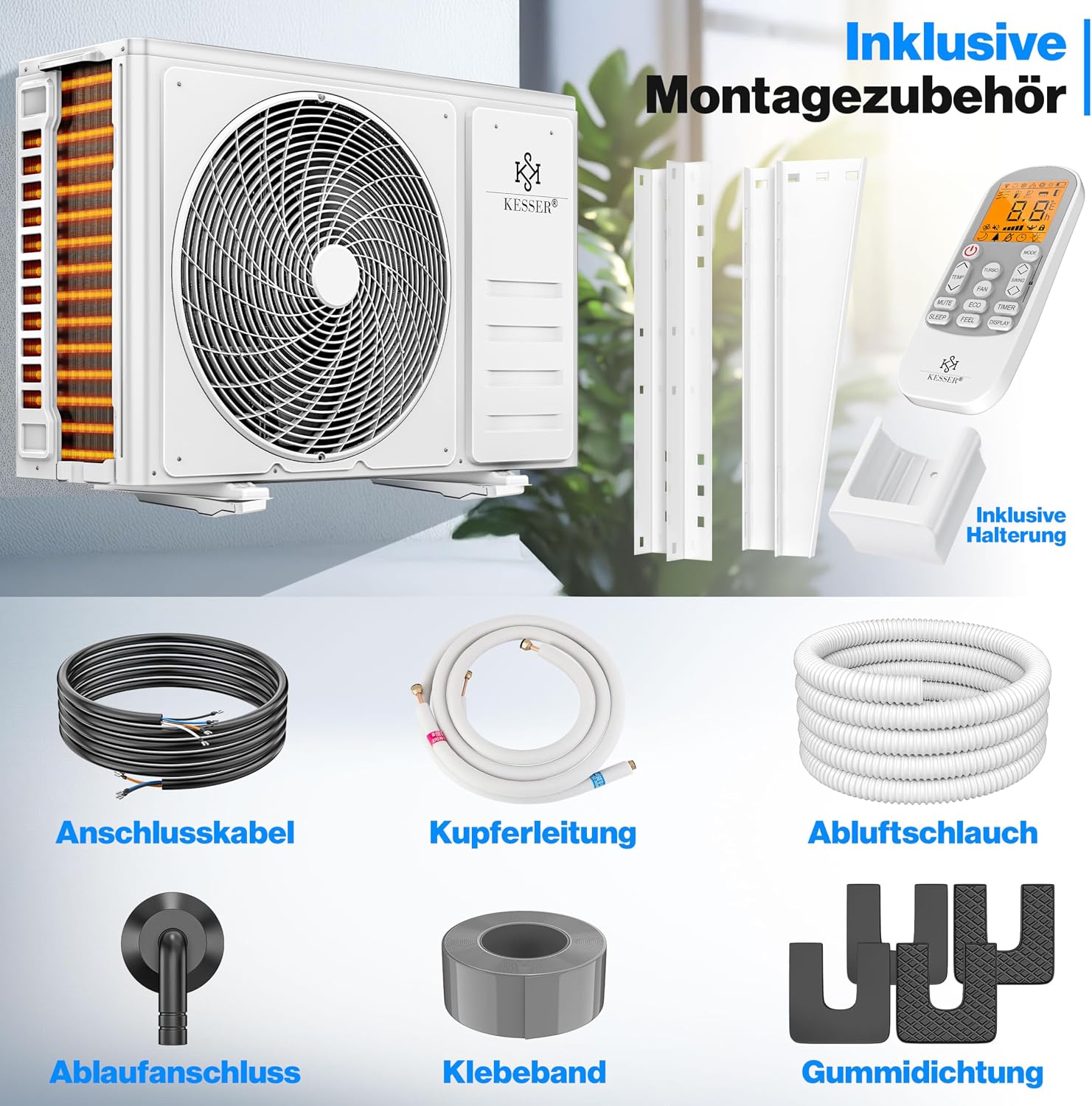Klimaanlage Set Split, WiFi/App, Kühlen A++/Heizen A+, 18000 BTU/h (5300W), sehr leise, R32, Fernbedienung, Timer, Montagematerial, Weiß