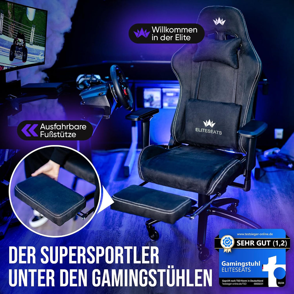 Gaming Stuhl Ergonomisch Kratzerfreie Rollen Atmungsaktiv, 4D-Armlehnen, mit Fußstütze, Stoff, 150 kg Belastbarkeit
