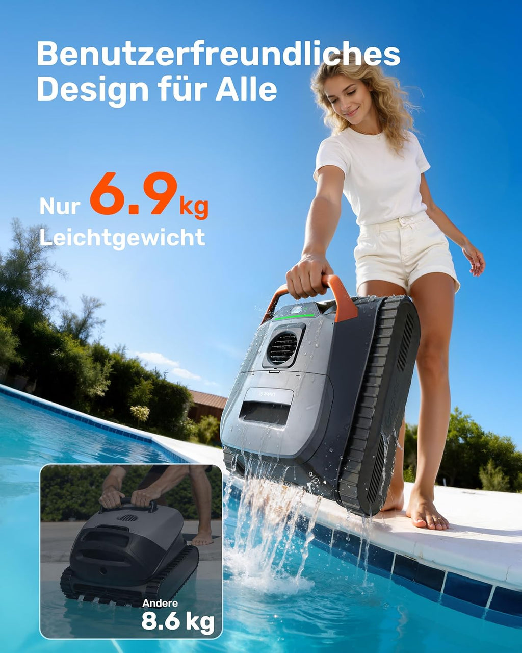 Poolroboter 2026, Wand/Boden/Wasserlinie/Flachzone, 200 Min., 6,9 kg, 3μm Filter, Akku, bis 200 m², orange