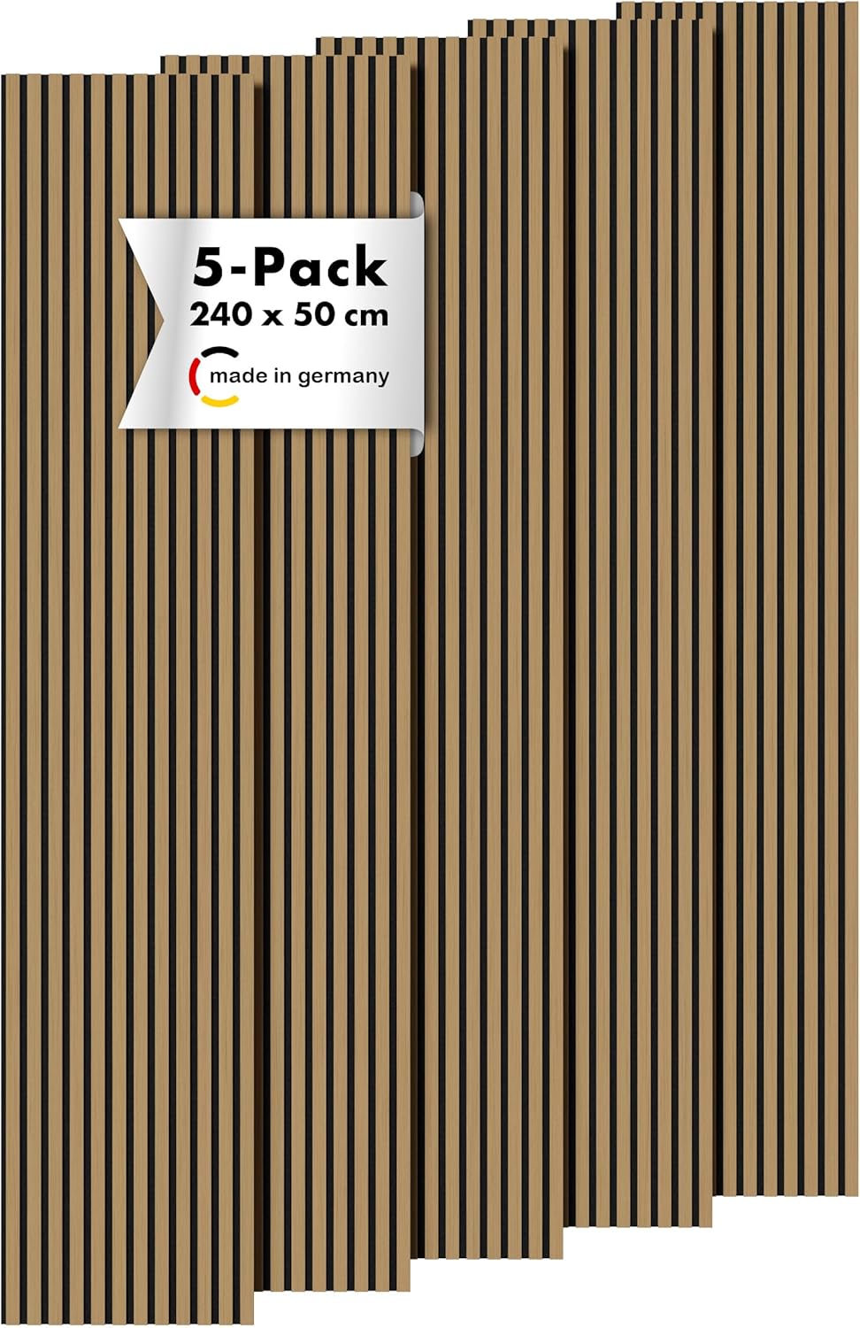 5 Stück Akustikpaneele Holz 240x50 cm - Eiche Geölt Dekor - Wandverkleidung als 3D Lamellenwand für effektiven Schallschutz - Holzpaneele