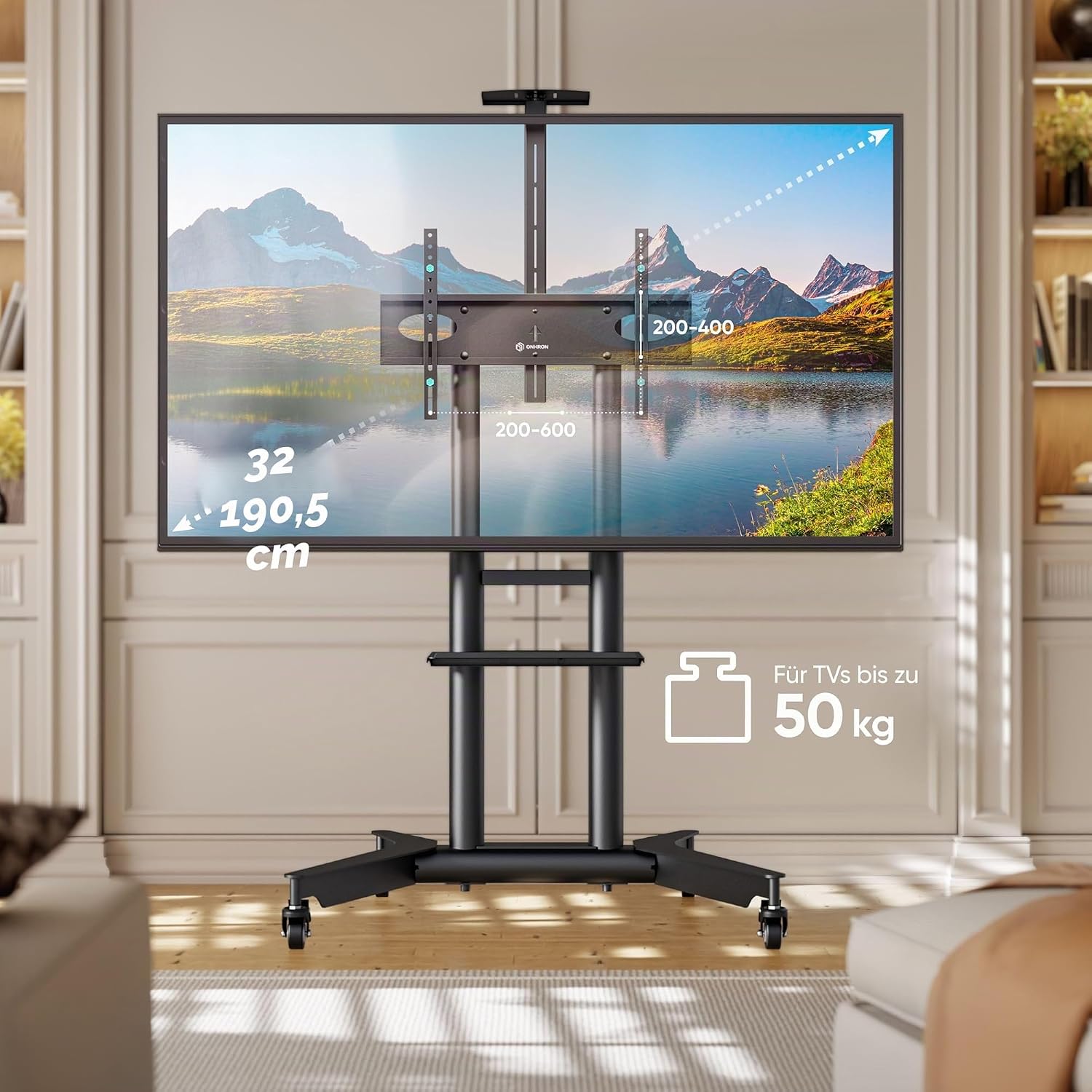 TV Ständer rollbar für 32-75 Zoll, max. 60 kg, höhenverstellbar mit Ablage, VESA 600x400, Rollen, Schwarz, TS1571-B