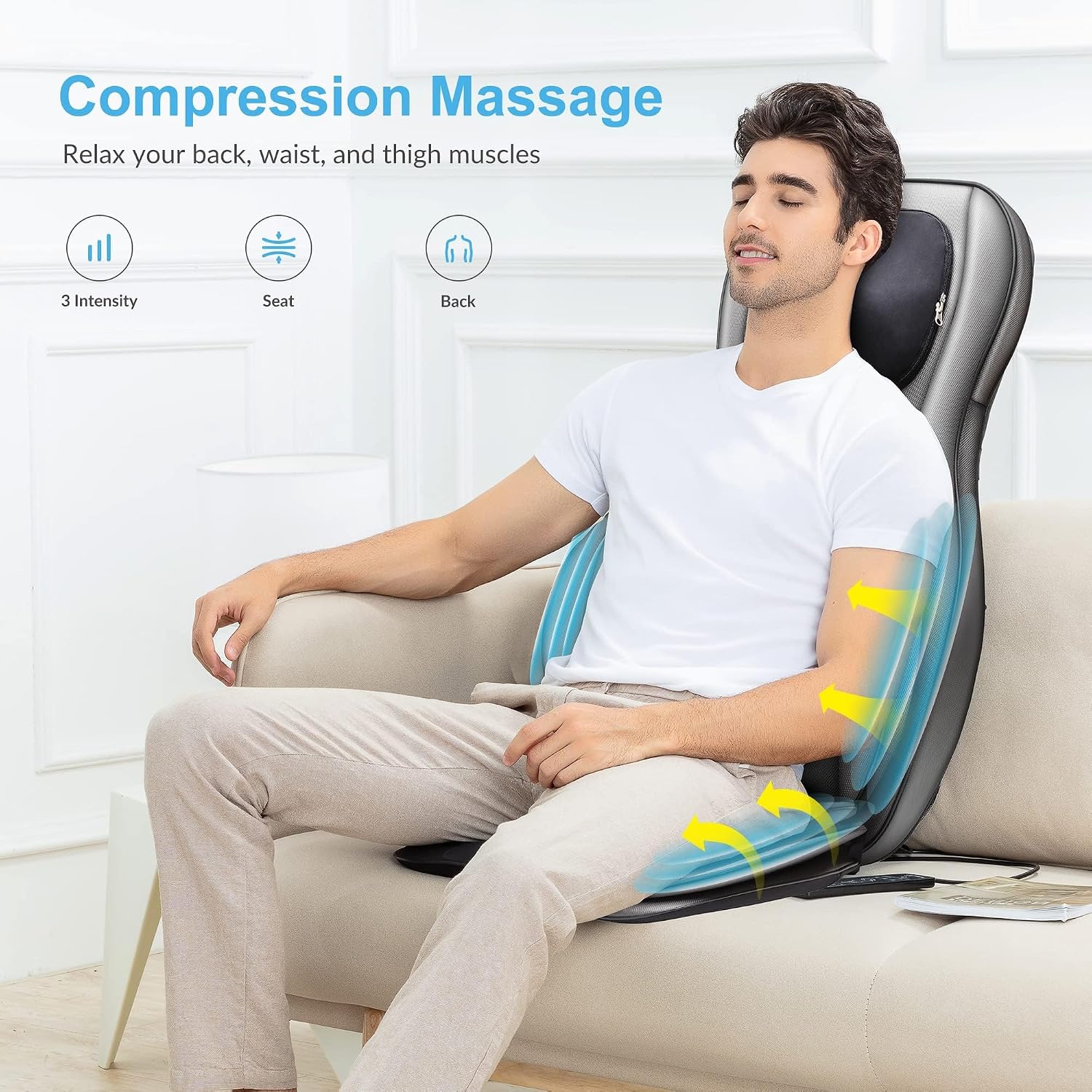 Shiatsu Rücken-Nacken Massagesitzauflage mit Wärme, 2D/3D-Knet, volle Rückenlehne & einstellbare Luftkompresse, Ganzkörpermassage für Damen, Herren