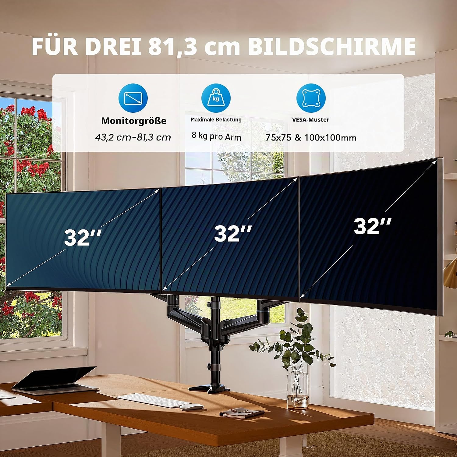 Monitorhalterung 3 Monitore für 17-32 Zoll, höhenverstellbar, bis 8 kg pro Arm, Schwarz Gaming