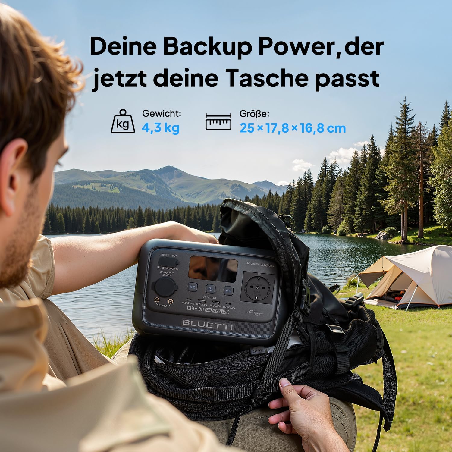 Elite 30 V2 Powerstation, 288 Wh LFP, 600W AC (Power Lifting 1500W), lädt in 70 Min., Solargenerator für Camping/Vans/Notfälle (Solarpanel opt.)