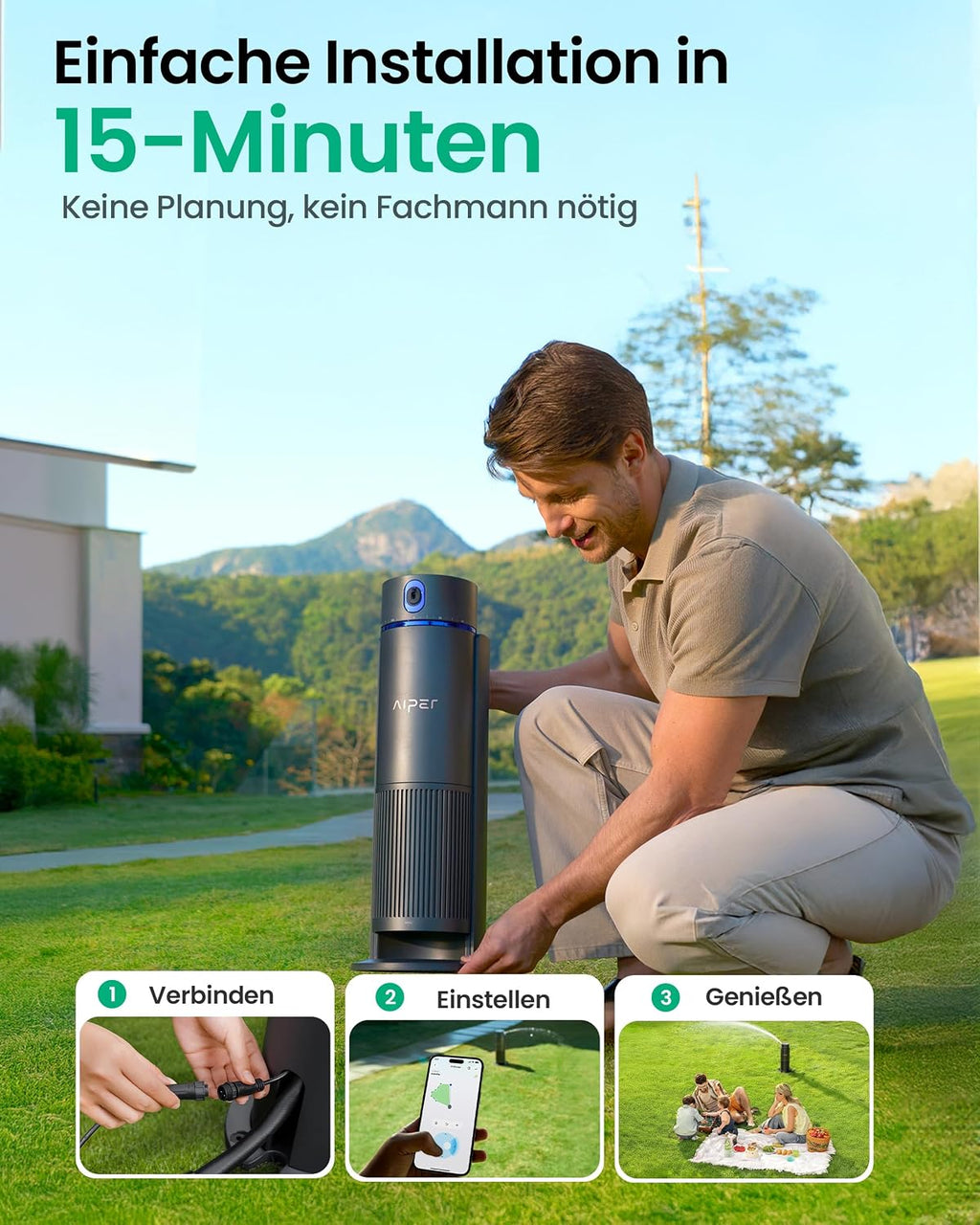 IrriSense 2 Smartes Bewässerungssystem, Mehrzonen, App-Steuerung, intelligente Zeitplanung, Regensensor, für Rasen bis 445 m²