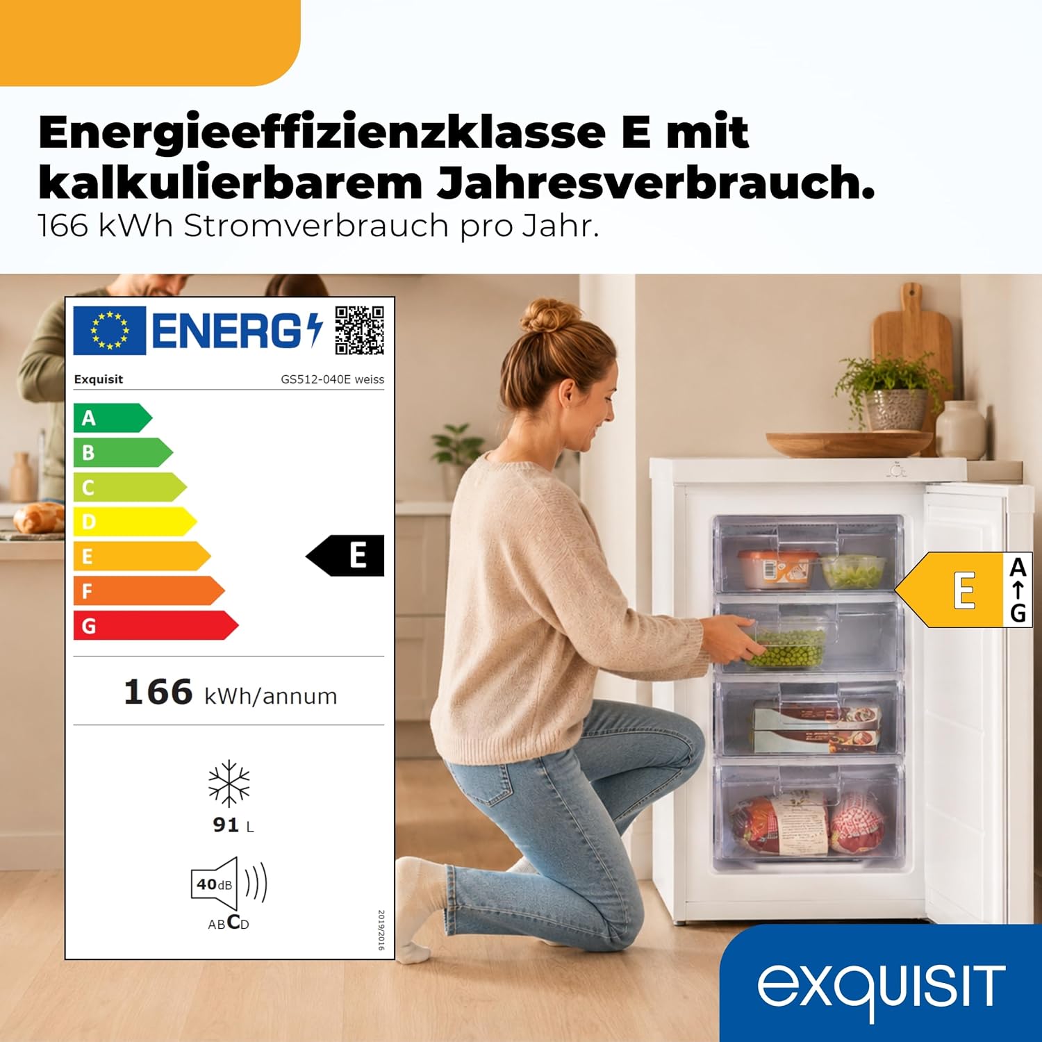 Gefrierschrank 91L Energieeffizienzklasse E 40 dB(A) kompakt 4-Sterne-Gefrieren manuelle Temperaturregelung wechselbarer Türanschlag GS512-040E weiss