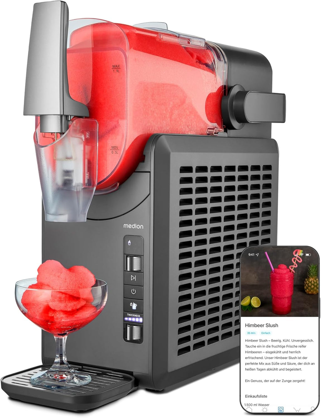 Slush-Maschine, 2,6 L Eis-Kapazität, 1,9 L Behälter, 5 Modi, 30-60 Min., Kompressor, Slush-Eisbereiter, MD12090