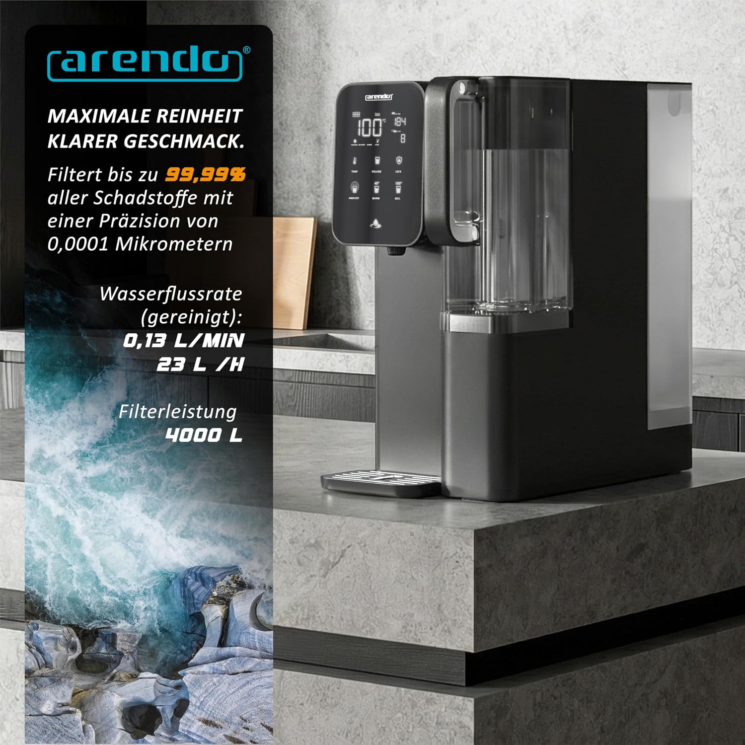 Osmoseanlage - 99,99% reines Wasser - 7-Stufen-Filter (5+2) – Umkehrosmose – Keine Installation – Auftisch – Heißwasser 40-100°C – TDS