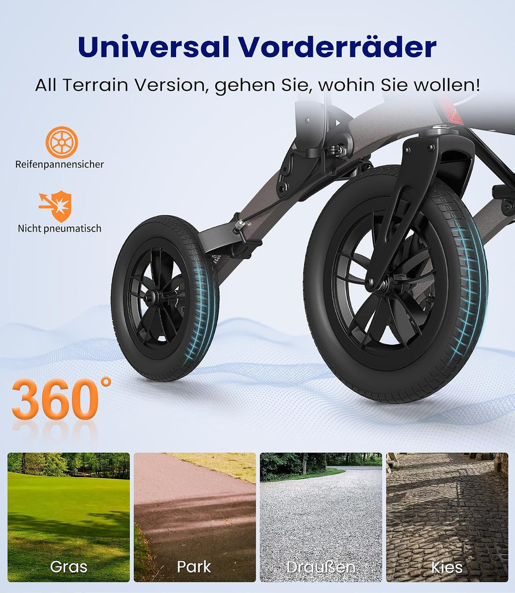 Rollator Faltbar Leicht mit Sitz, Outdoor Rollator mit Gummi-Nonluftbereifung für Alle Gelände, Aluminium Höhenverstellbar, Grau