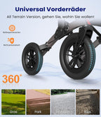 Rollator Faltbar Leicht mit Sitz, Outdoor Rollator mit Gummi-Nonluftbereifung für Alle Gelände, Aluminium Höhenverstellbar, Grau