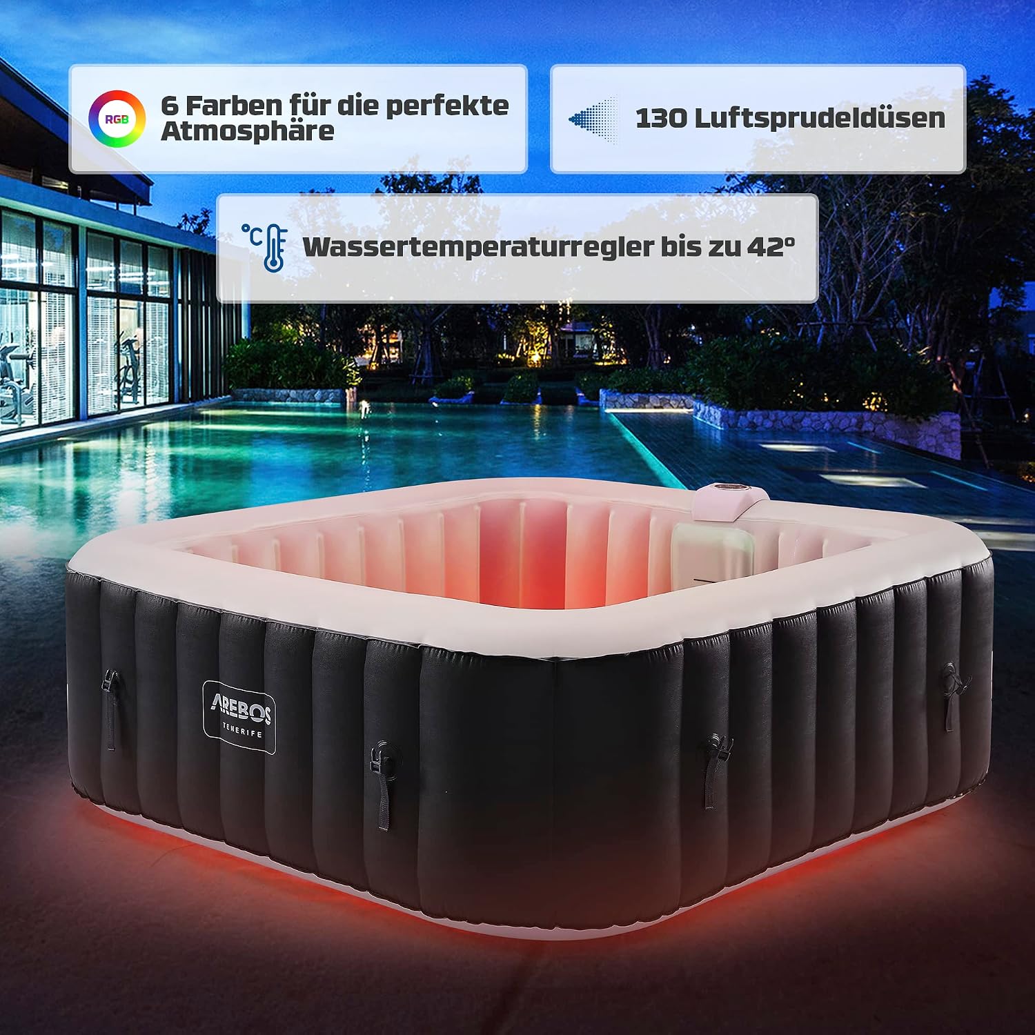 Automatisch aufblasbarer Spa Whirlpool 2400W, für 6 Pers., 185x185 cm, 130 Düsen, LED, 910L, inkl. Abdeckung, Bubble Spa + Wellness-Massage