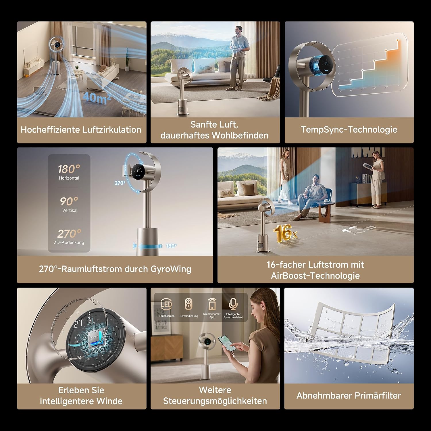 MF10 Flügelloser Ventilator mit 270°-Raumluftstrom, temperaturadaptiver Luftstrom, intelligenter Windstrom, waschbarer Filter