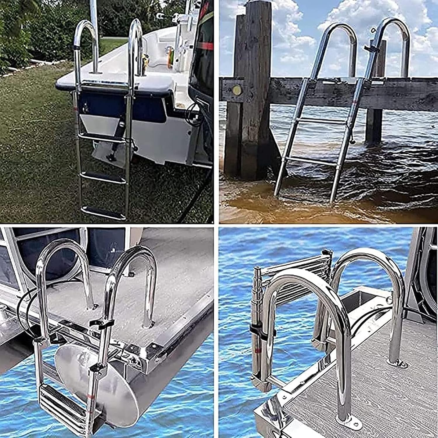 4-Stufen Faltbare Bootsleiter aus Edelstahl, Teleskop-Heckleiter mit breiten Stufen, Pedal & Handgeländer, 200kg Tragfähigkeit – für Ponton & Schwimmdeck
