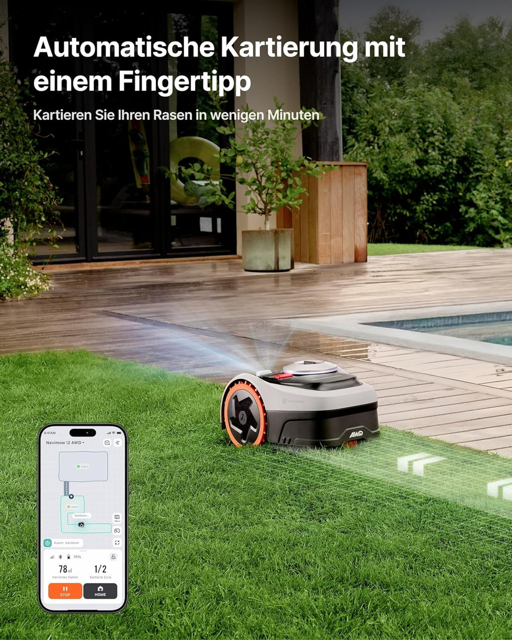 Navimow i205 AWD Mähroboter, ohne Begrenzungskabel, Garage S, für 500 m², Allradantrieb 45% Steigung, NRTK+Vision, keine RTK-Antenne