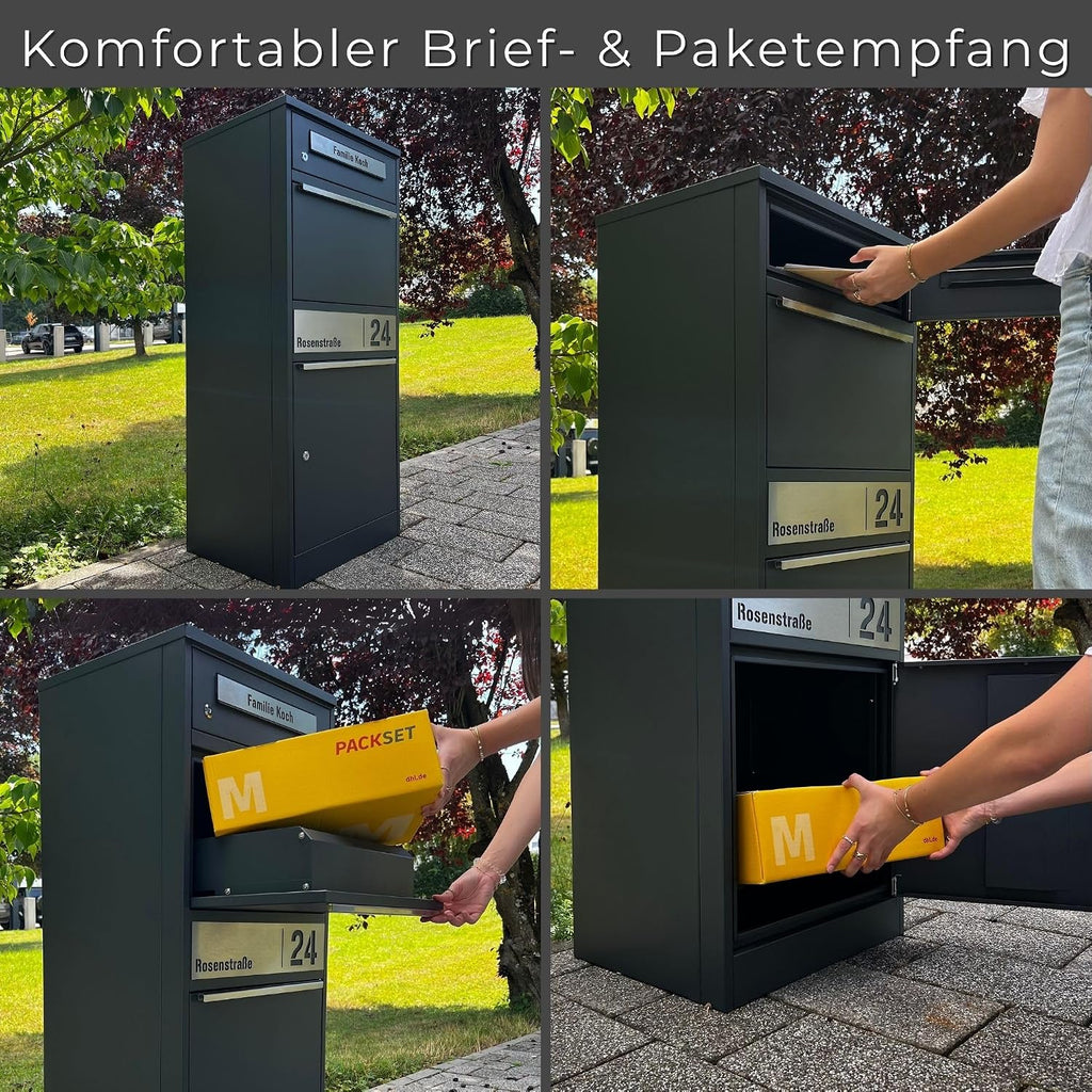 Paketbox Briefkasten mit großem Paketfach, Anthrazit, personalisiert, Standbriefkasten für draußen, rostfrei und massiv, mit Gravur, Bispo 2