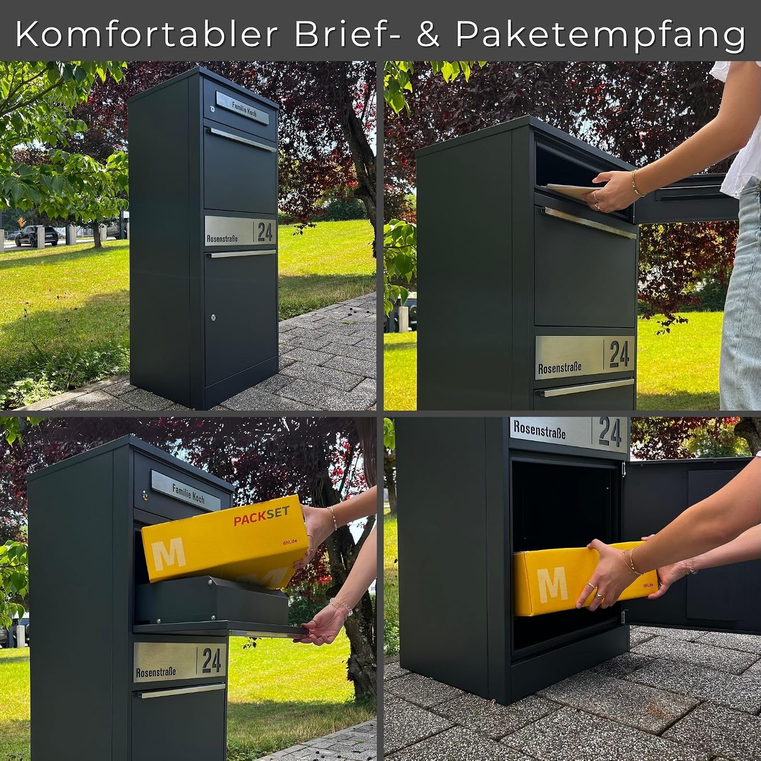 Paketbox Briefkasten mit großem Paketfach, Anthrazit, personalisiert, Standbriefkasten für draußen, rostfrei und massiv, mit Gravur, Bispo 2
