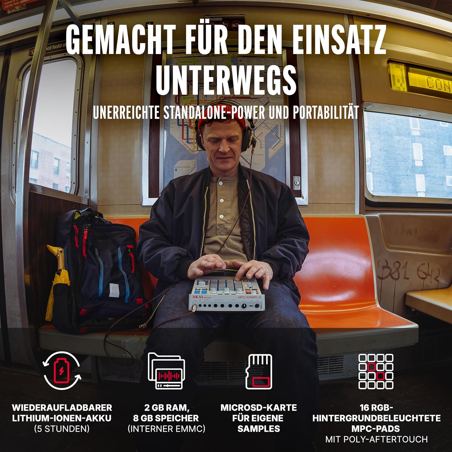 MPC Sample - Standalone Portable Sampler, Sequenzer und Effektprozessor mit Akku, USB-C, integriertem Lautsprecher und Mikrofon