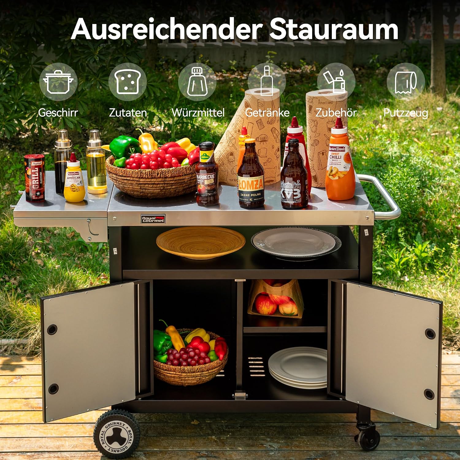 Grillwagen mit klappbarem Seitentisch, Handtuchgriff, Unterschrank, Edelstahl Tischplatte, Rollen, Silber