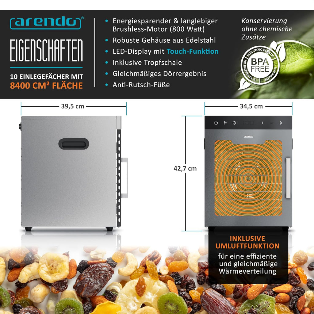 Dörrautomat Edelstahl mit 10 Edelstahl-Einlegetabletts, 800 W, 35-85°C, 8400 cm², Dehydrator für Obst, Fleisch, Pilze uvm.