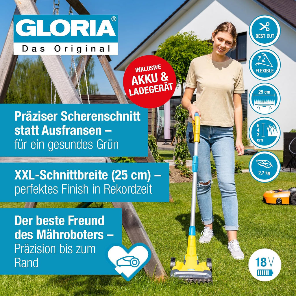 FineCut 18V Akku-Rasentrimmer + Kantenschneider, 25 cm, für Rasenkanten/Kleingärten, inkl. Akku + Ladegerät, für Mähroboter-Ergänzung, gelb/blau