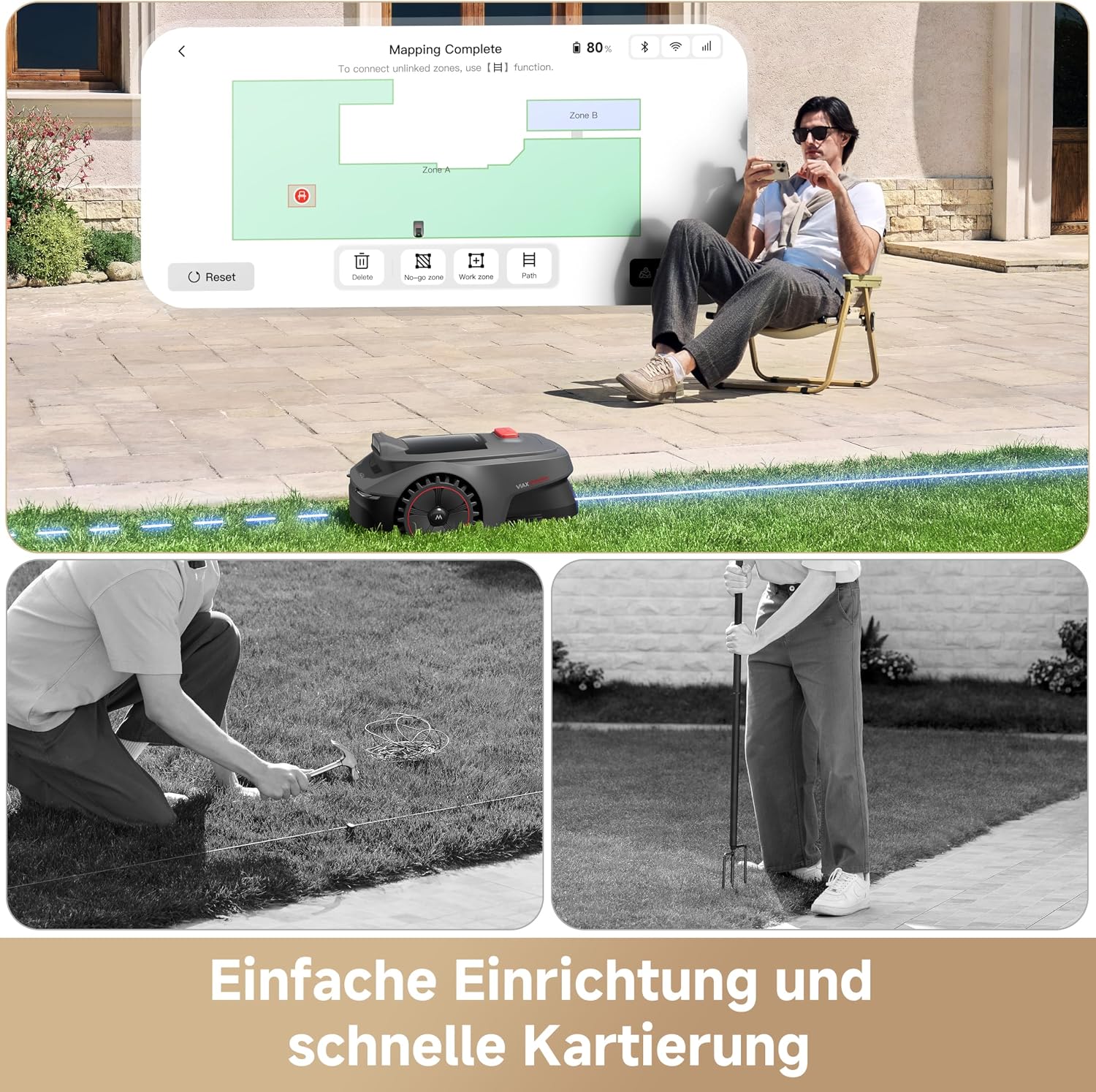 ViAX 250 Mähroboter, kabellos, 250m², KI-Kartierung, U-Bahnen, Dual-Vision, Kantenschnitt, für komplexe Gärten, App
