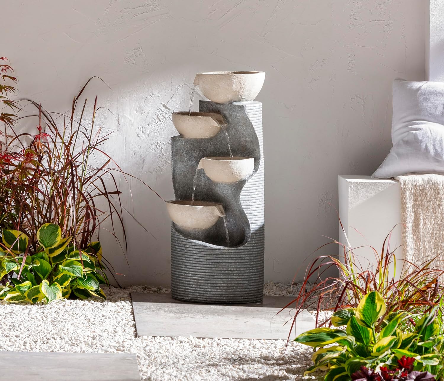 Gartenbrunnen Salo mit LED Beleuchtung, ca. 81x34x33 cm, Polyresin, grau